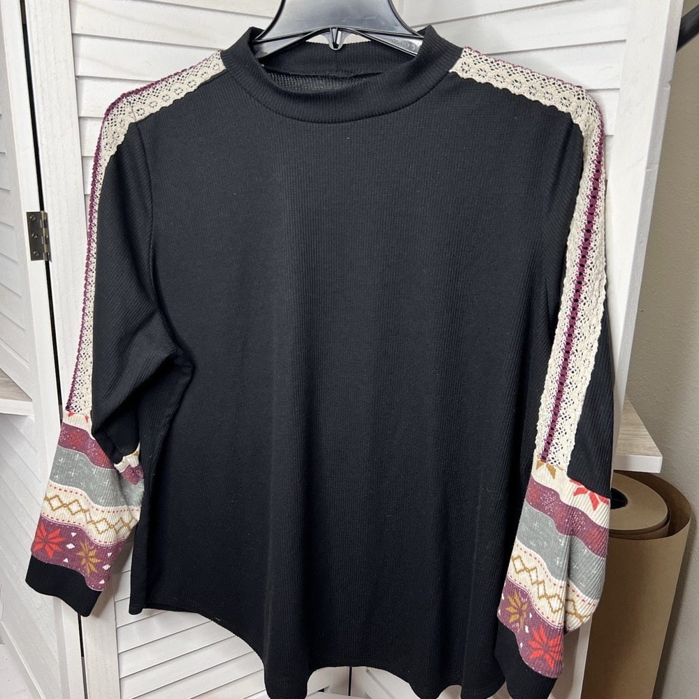 Maurice's Plus Size Crochet Fair Isle Mock Neck Long Sleeve Tee Black Women's 2X